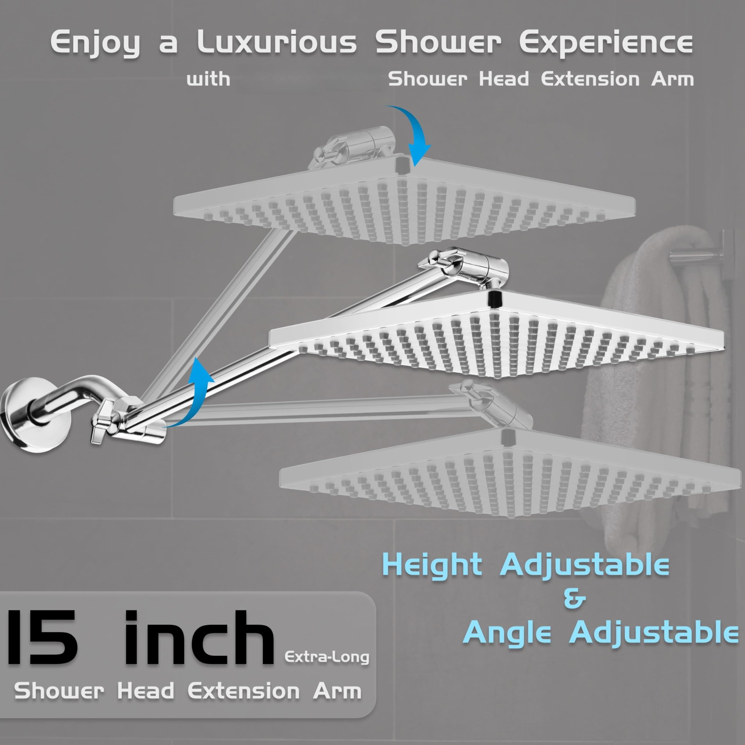 Rain Shower Head  8'' High Rainfall Square Showerhead With 15'' Extension Arm Brass Adjustable Extender Waterfall Fixed Showerheads Chrome