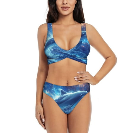 Zeuib Beautiful Ocean Dolphin High Waisted Tummy Control Bikini Set - Knot Front Push Up Top & Cheeky Thong Bottom  Two-Piece Swimsuit for Women-Large