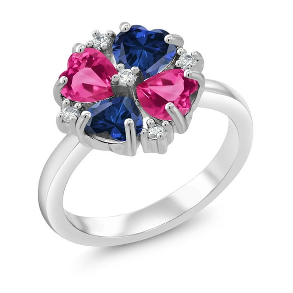 Gem Stone King 925 Sterling Silver Pink Created Sapphire and Blue Created Sapphire Ring for Women (2.28 Cttw, Heart Shape 5MM, Gemstone September Birthstone, Size 5)