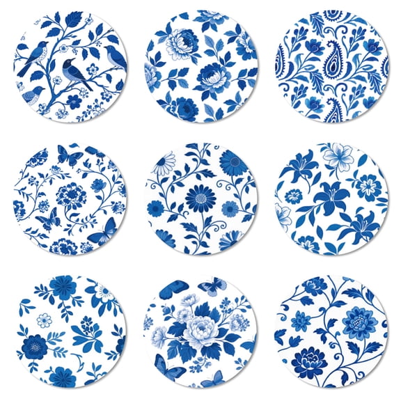 Coasters Set of 9 Blue Flowers Pattern Colorful Wooden Coasters Bulk Round Housewarming Gift
