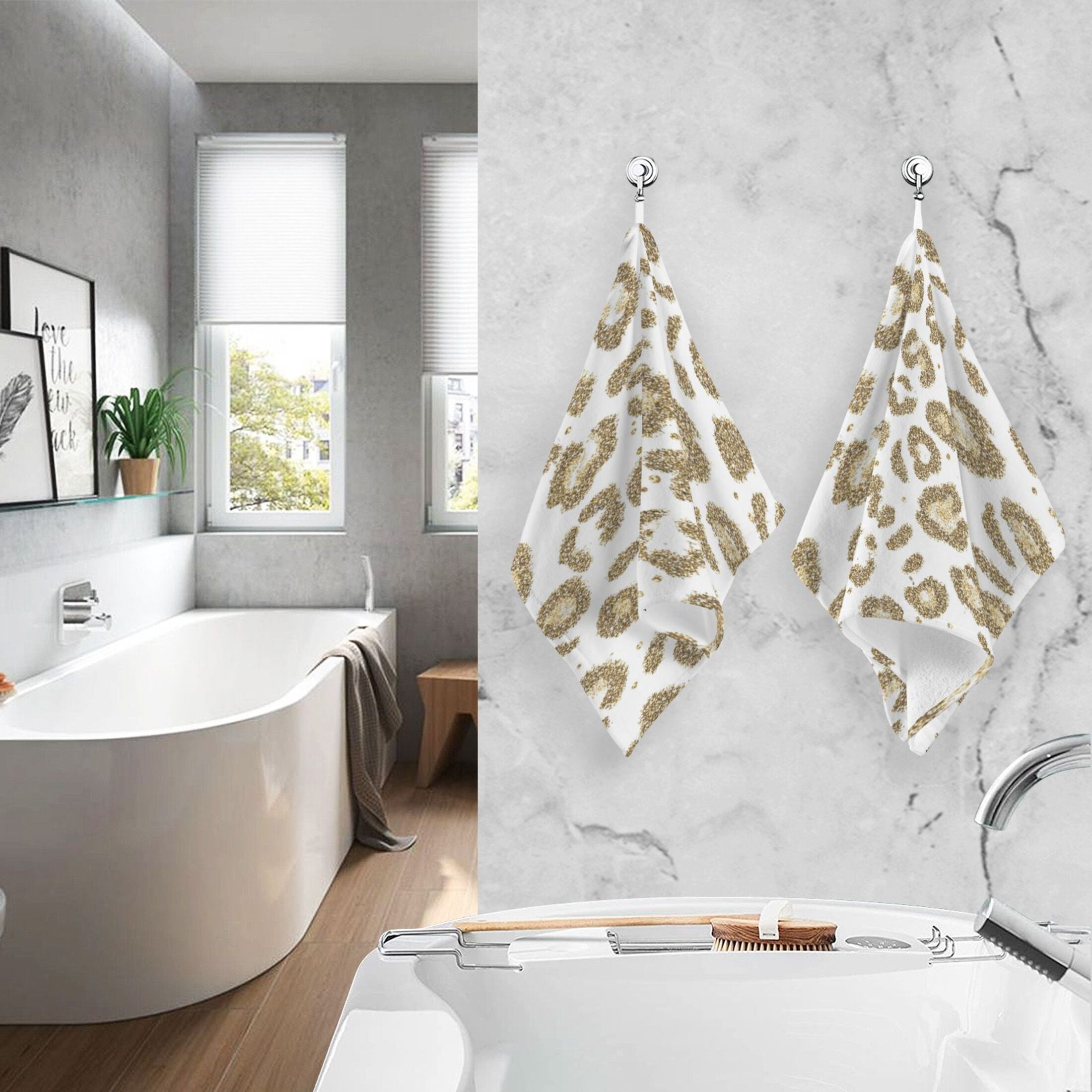 2 Pcs Hand Towels Sets Gold Leopard Print Pattern Cotton Towel Set Absorbent Face Towel for Bathroom Kitchen Shower Hotel Decor