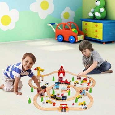 HYGRAD 100-Piece Wooden Train Set – Tracks & Accessories – Kids 3+ – Birthday Xmas Gift – TRE99306