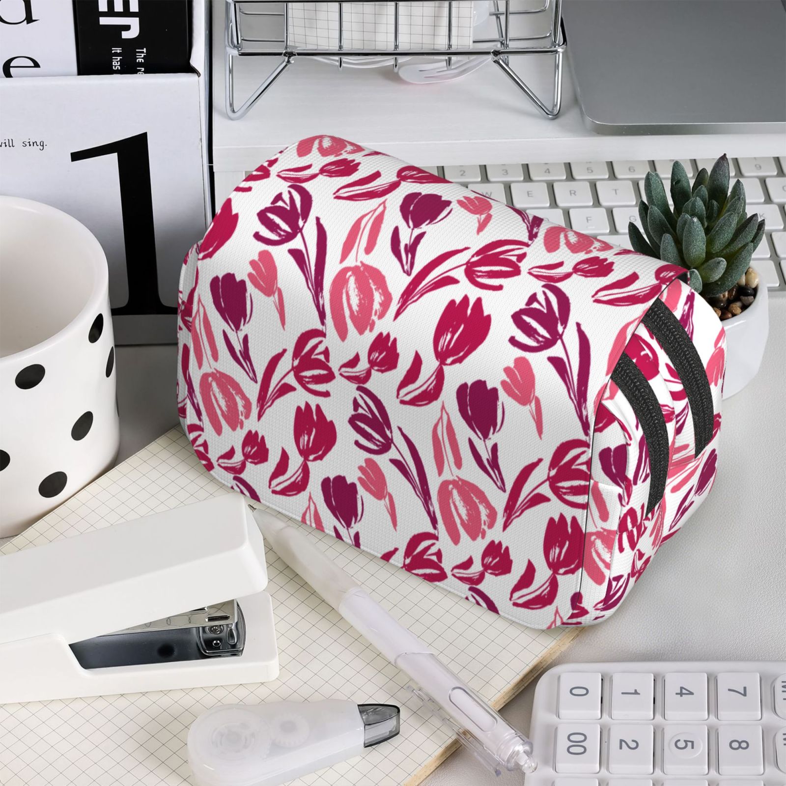 Rateoe Tulips Flowers Pattern Double Clamshell Pen Case, Storage Organizer with Two Zipper Compartments– Holds Up to 50 Pencils & Pens