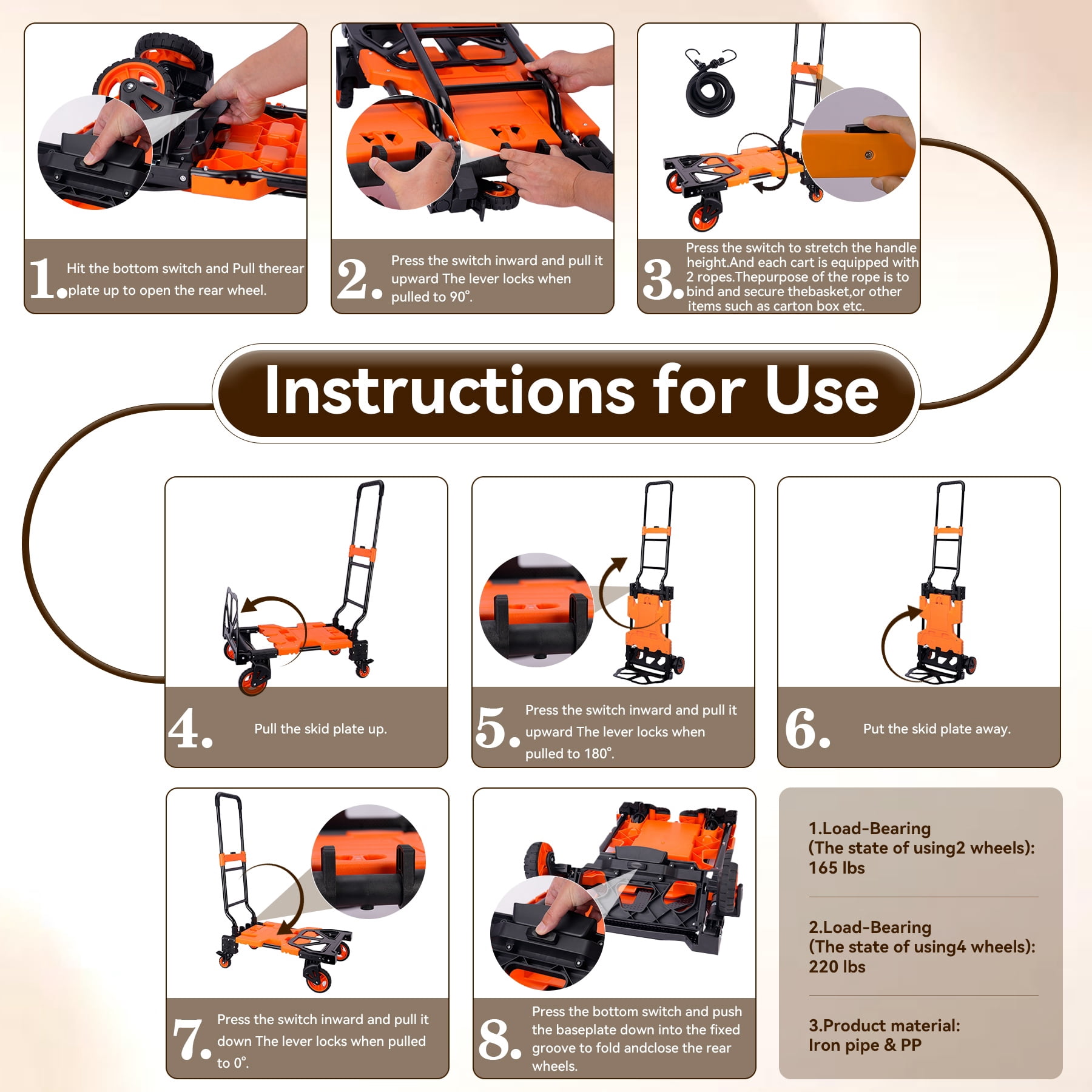 220LB Folding Hand Truck Moving Dolly, Hand Trucks Heavy Duty Combination of 4 Wheels and 2 Wheels Convertible Dolly Cart with Retractable Handle Dolly for Moving Office Carts(Orange)