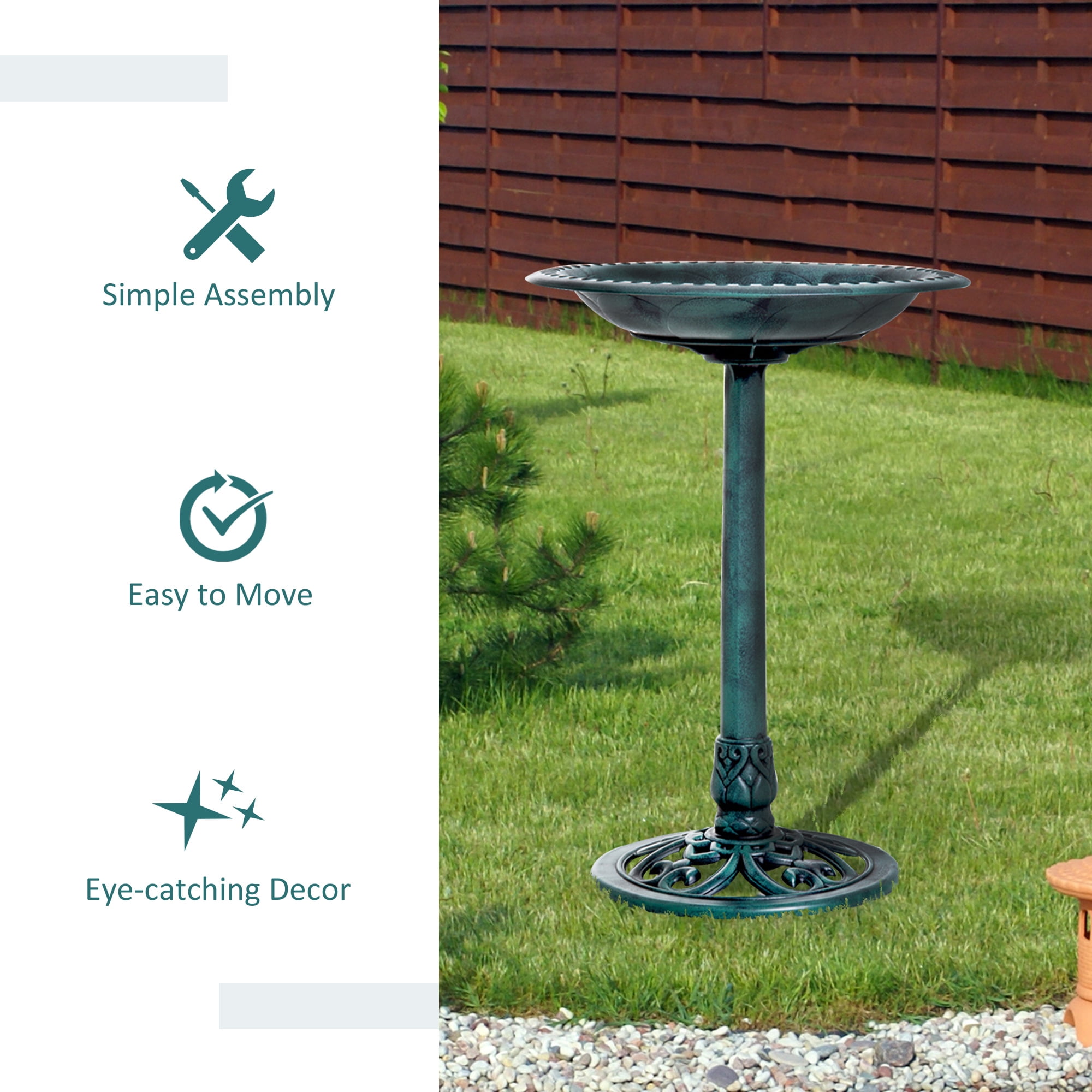 ZephyPaws  Polyresin Antique Outdoor Green Garden Bird Bath and Solar Powered Round Pond Fountain Combo Set,Green
