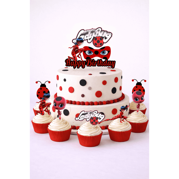 Red Polka Dot Superhero Ladybug Cake Topper Set – 8pc Acrylic Birthday Cake Decorations Kit, 1 Large Topper 7 Mini Picks, Kids Party Dessert Decor