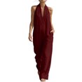 thumbnail image 4 of Beach Vacation Jumpsuits for Women Halter Neck Sleeveless Linen Rompers Summer Travel Wide Leg Jumpsuit Wine, 3XL, 4 of 7