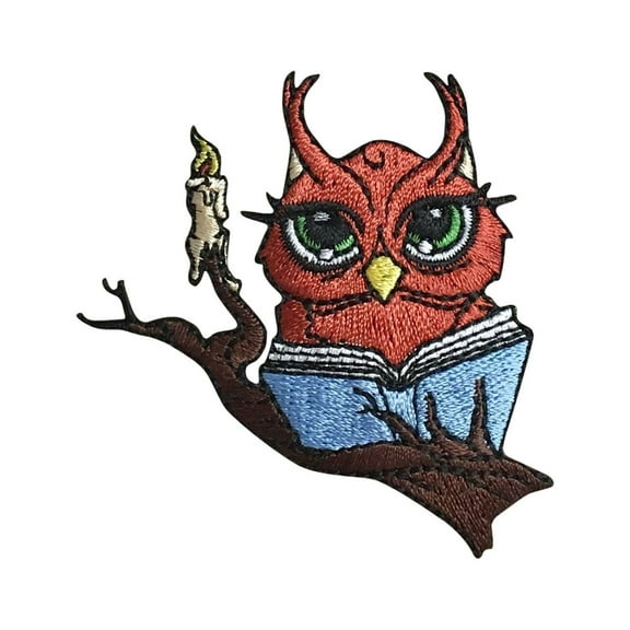 Reading Owl - Candle/Book - Birds - Iron On Embroidered Applique Patch