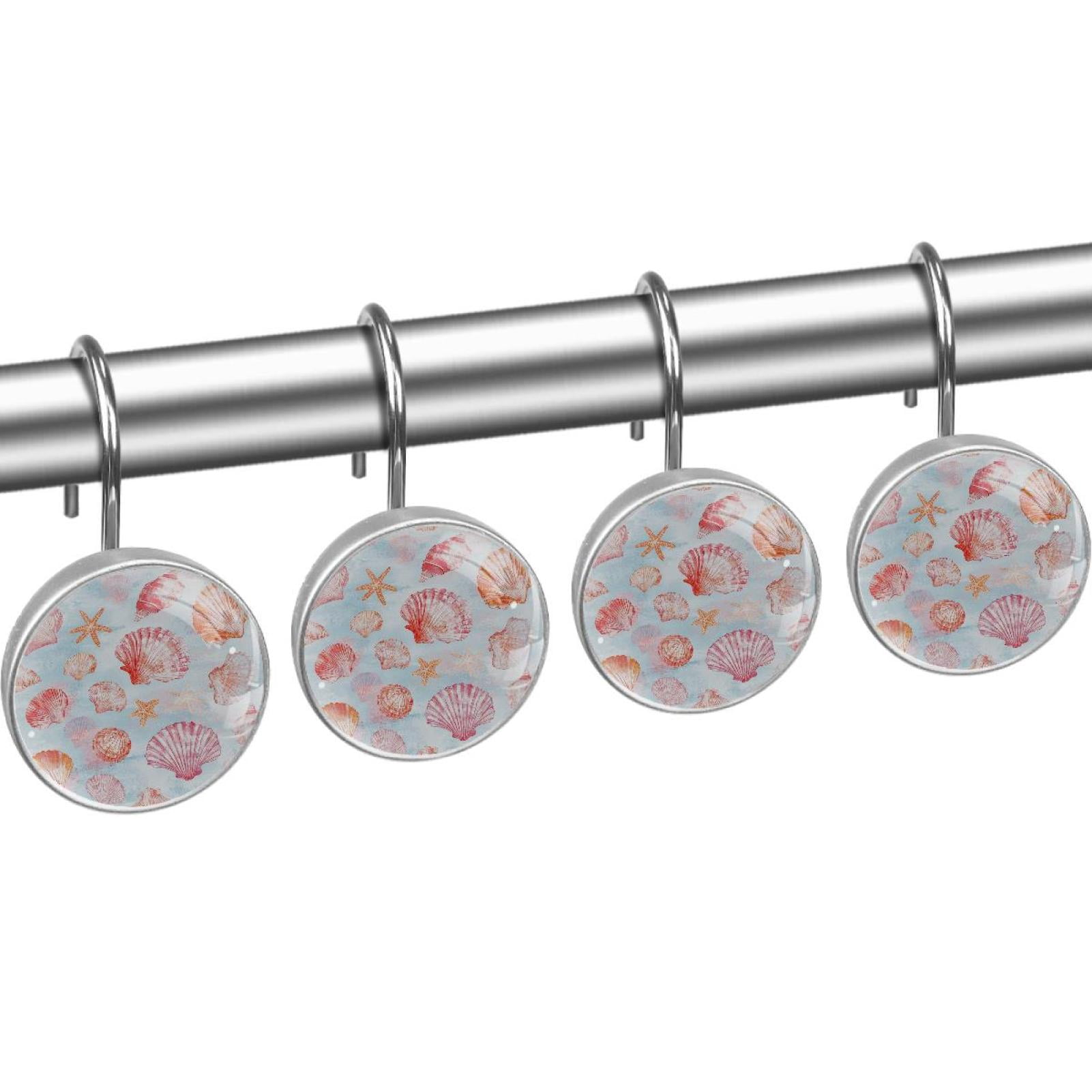 Beautiful Shells Shower Curtain Hooks Round Crystal Glass, Set of 12 Shower Curtain Rings - Shower Hooks for Curtain Shower Rings