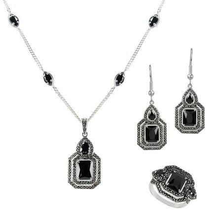MARC Silver tone Black CZ & Swarovski Marcasite Oriental Earrrings/Pendant/Ring Set