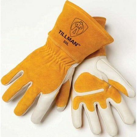 Premium Cowhide Leather Gauntlet - Tillman X-Large 14'' Pearl Top Grain Side Split Cowhide Fleece Lined Premium Grade MIG Welders Gloves With Gauntlet Cuff, Seamless Index Finger And Elastic Back (Carded)