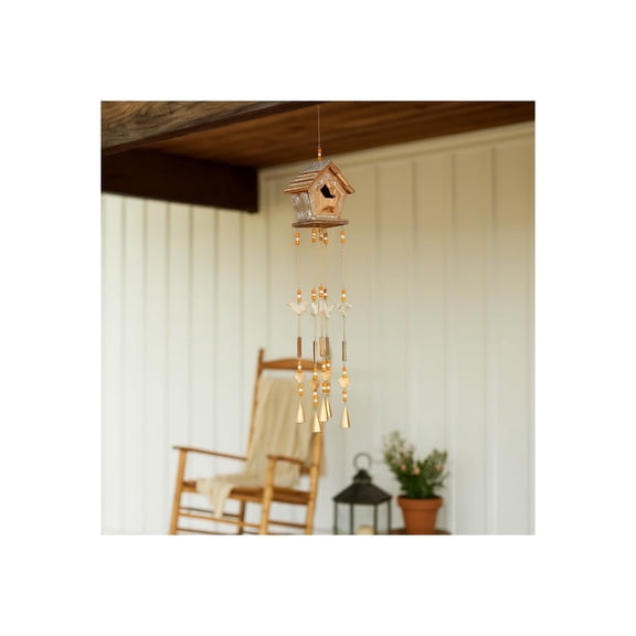 Decorative Birdhouse Hanging Windchime with Bells - Nature-Inspired Outdoor Wind Chimes for Yard Decor and Garden Art - 38", Brown