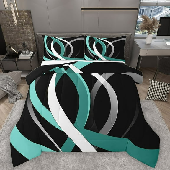 Homewish Teal Grey Stripes Lines Bedding Comforter Set 2pcs for Female Men Adults,Vintage Aesthetic Twin Comforter Sets Microfiber,Geometric Theme Breathable Bedding Set,Luxury Bedroom Decor