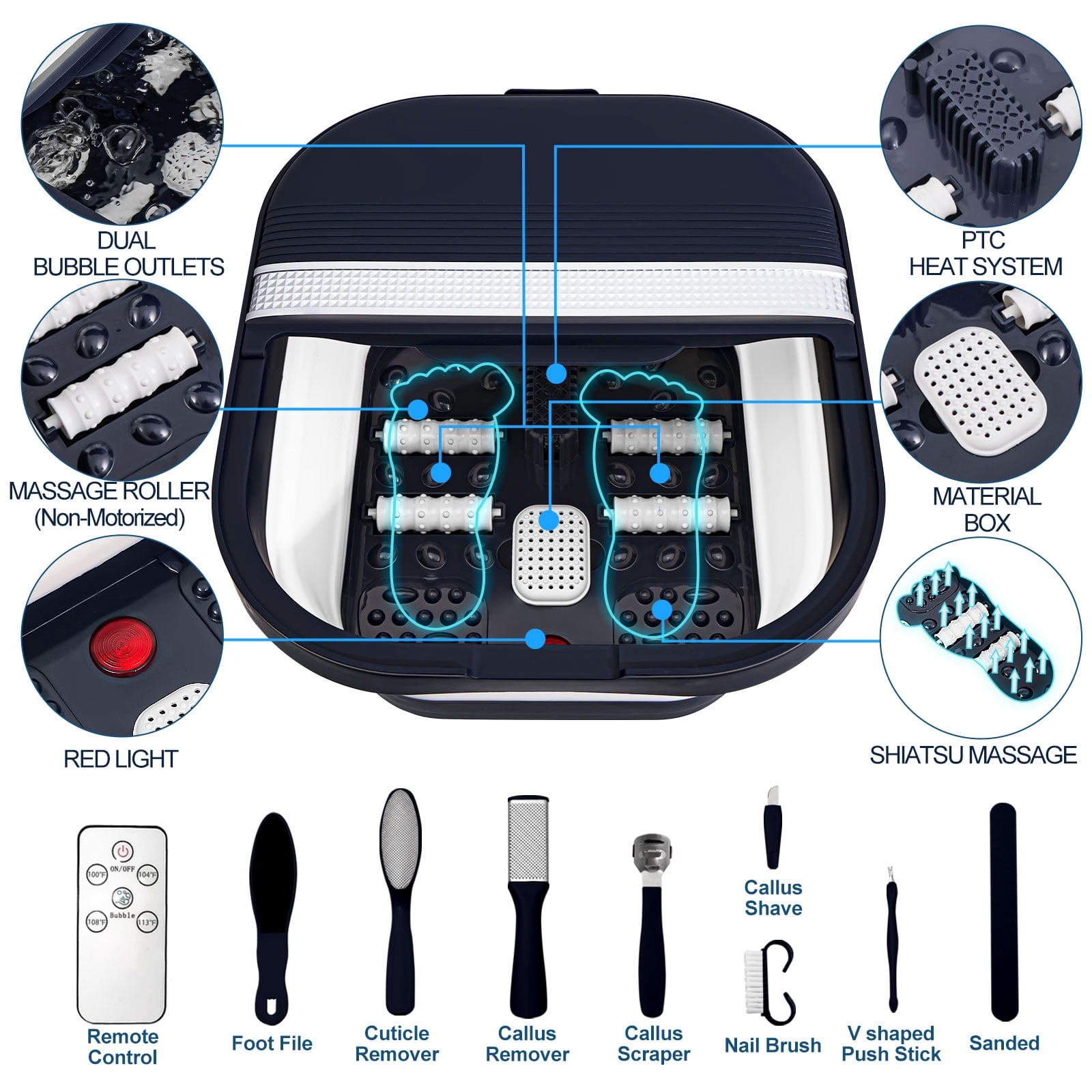 Foot Bath Spa with Heat, Remote Control, Massage Rollers, Bubble, Foot Pedicure Kit