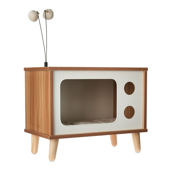 Vibrant Life Purr-View Retro TV Cat Condo with Jute Scratching Pad & Washable Mat, Ball Toy Antenna, White & Tan, 20" L x 11.5" W x 16" H