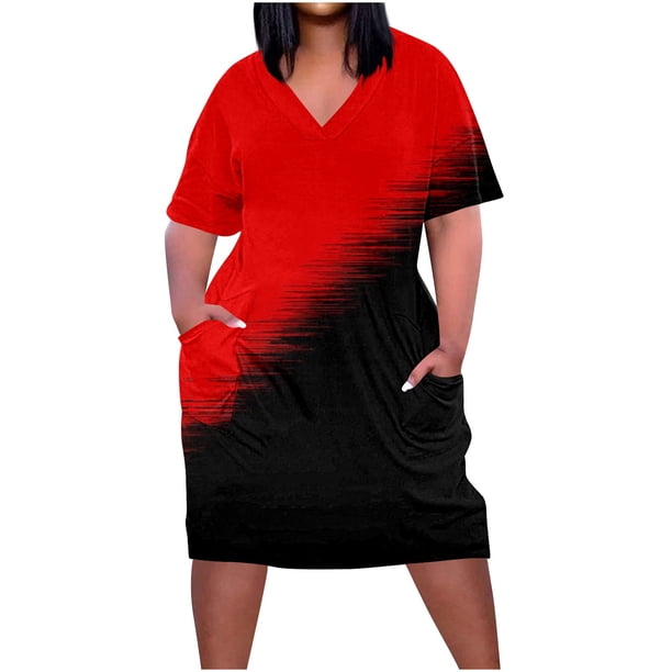 Vestido Corto de Verano Moda Grande Impresión de Manga Corta Cuello en V Bolsillo Mini Vestido para Casual Y Diario