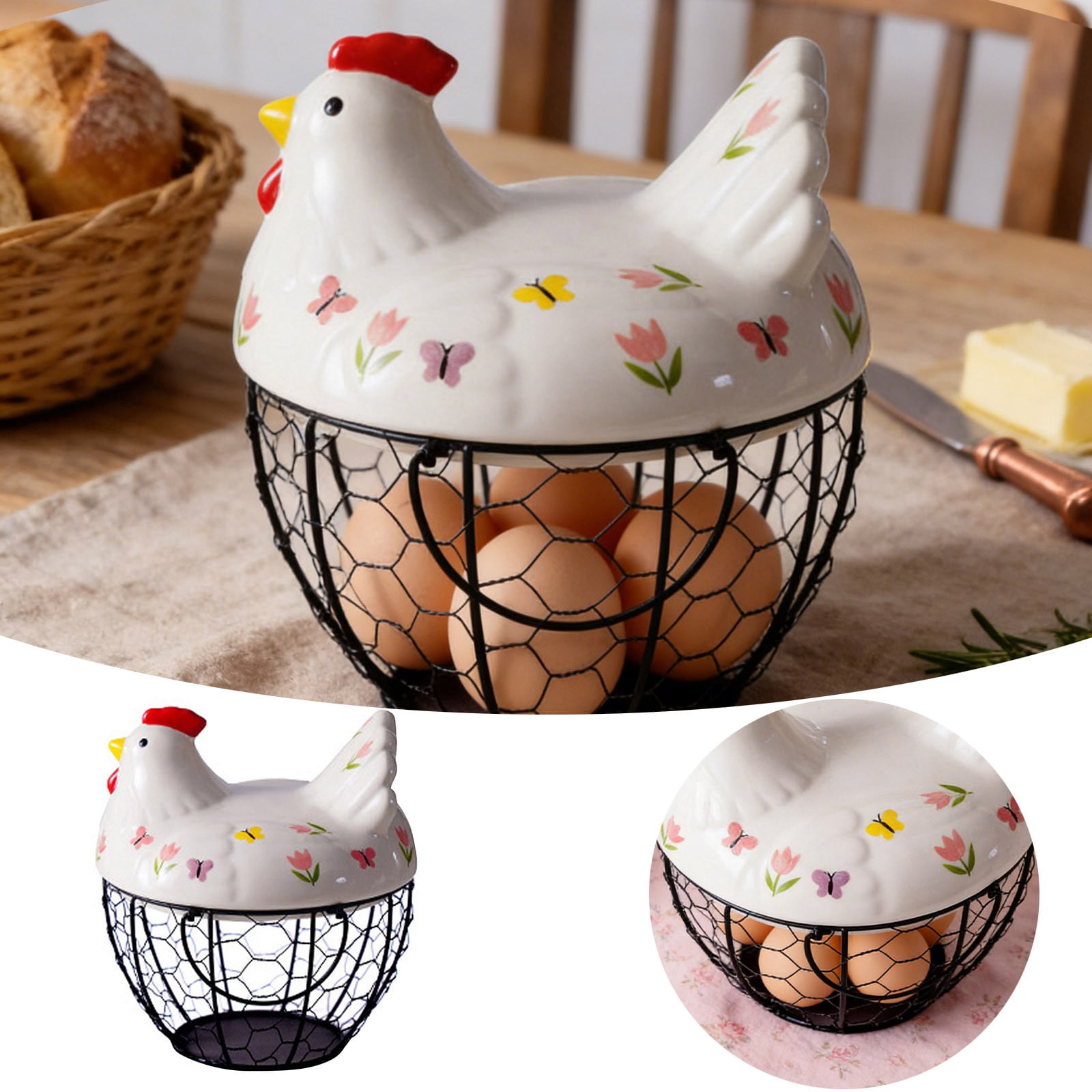 Farmhouse Egg Basket with Ceramic Lid, Black Wire Egg Holder for Fresh Eggs, Decorative Chicken Design Egg Storage Container, Kitchen Countertop Organizer Case for Eggs