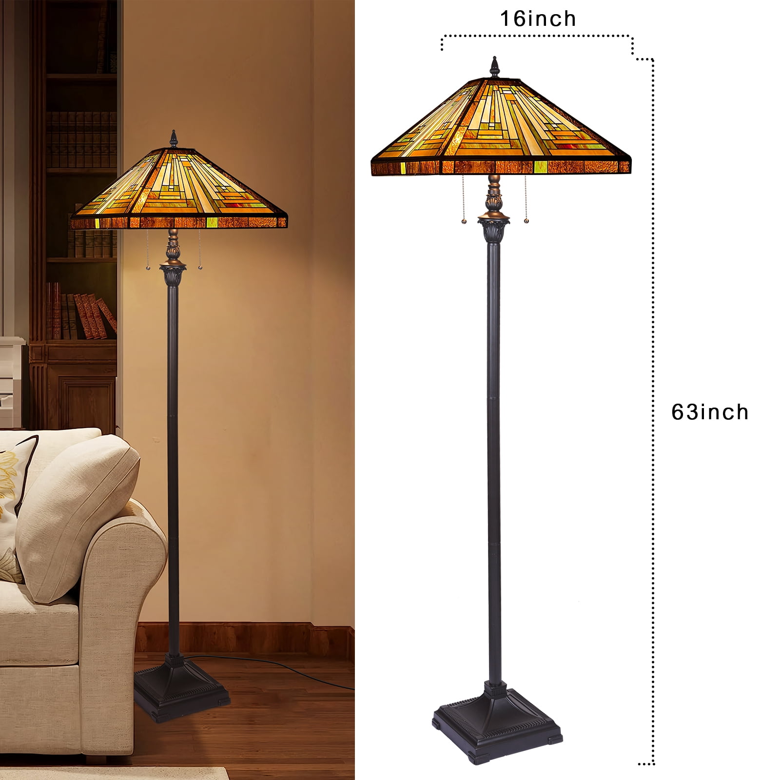 Tiffany Floor Lamp Mission Style Blue Stained Glass Floor Light for Reading Antique 16" Double Light Standing Lamp for Living Room Bedroom Home Office