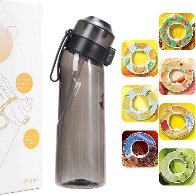 Smaksatt vattenflaska med 7 doftkapslar Air Water Up Flaska Frostat Svart 650 ml Air Startpaket Vattenkopp för camping sport Svart