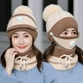 thumbnail image 3 of HESHENG Fleece Lined Women Beanie Knit Hat, Winter Scarf Mask Set, Girls Warm Hat Earmuffs Cap with Pom Scarf Set, Beige, 3 of 4