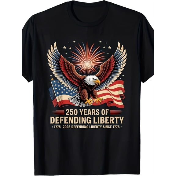 Patriotic American Eagle 250 Years of Defending Liberty T-Shirt Retro USA Flag Graphic Tee 1775-2025 Semiquincentennial Celebration Apparel for Men and Women