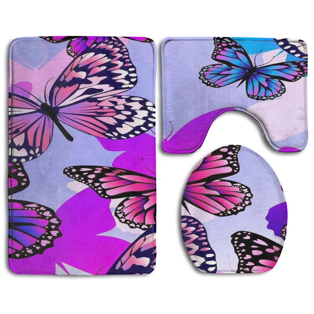 CHAPLLE Purple Butterfly 3 Piece Bathroom Rugs Set Bath Rug Contour Mat
