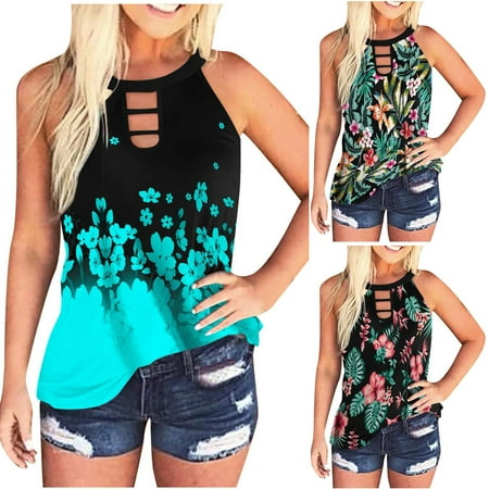 

Womens Tops Sleeveless Halter Racerback Summer Trendy Hollow Out T-Shirts Cami Tank Tops Vintage Printed Beach Blouses