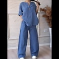 thumbnail image 4 of Conjunto de 2 Piezas de y Algodón para Mujer, con Cuello en V, Camisa de Larga Abotonada y Pantalón con Bolsillos Azul XXL, 4 of 7