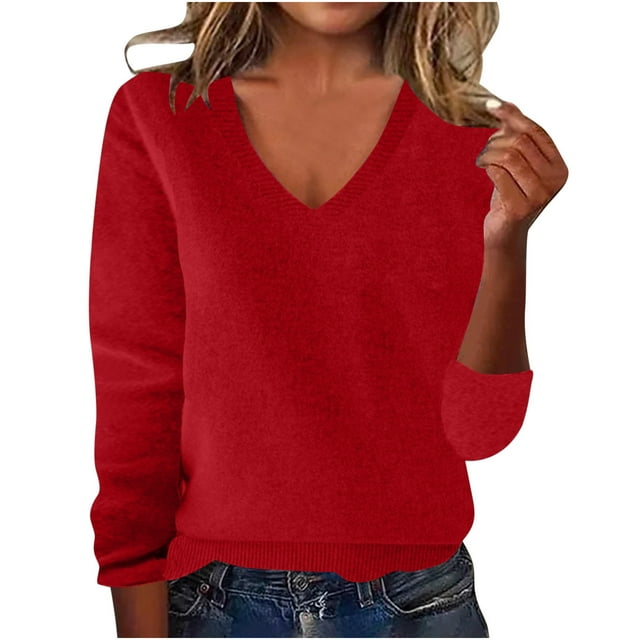 Lenpel Women's Plus Size Sweaters Casual Long Sleeve V Neck Basic Knit Sweater Tops Fall Winter Pullover Sweaters(Red,4X-Large)