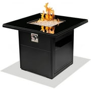 Outland Living Yaletown 420: 30" Small 50,000 BTU Outdoor Propane Fire Pit Table with Glass Table Top and Carbon Steel Base  Black Patio Fire Table with Pre-attached Hose and Regulator