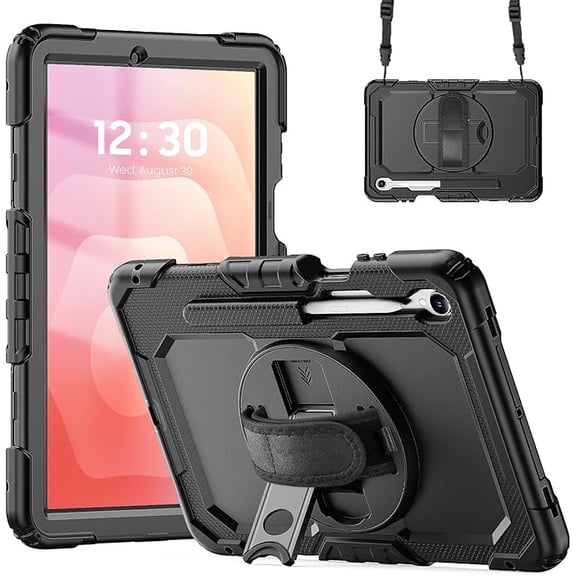 Case for Samsung Galaxy Tab S11 (11-inch) 2025 SM-X730/SM-X736B, Heavy Duty Shockproof Protective Case with Screen Protector, 360° Rotating Stand, Hand/Shoulder Strap (Black)