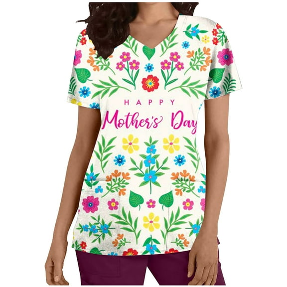 Scrub Tops Clearance 2024! AIEOTT Mother's Day Women Scrubs Top Women's V Neck Printed Working Uniform Nursing Tops with Pocket