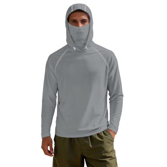 Bulopur Men’s Fishing Sun Hoodie with Mask, UPF 50 UV Protection Long Sleeve Rash Guard in Solid Light Gray, Quick Dry Breathable Top for Boating and Hiking