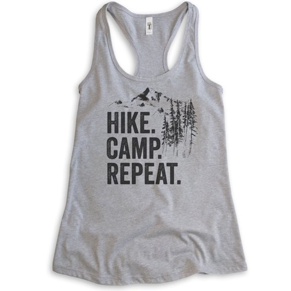 Hike Camp Repeat Tank Top, Ladies Racerback Tank Top, Hike Tank, Hiking Tank, Camping Tank, Camper Tank, Heather Gray, Large