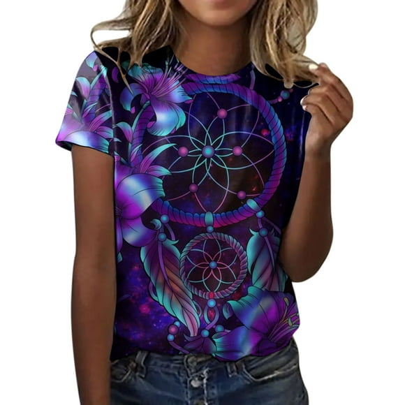 Womens Shirt Basics Long Sleeve Shirt Women Women Fashion Round Neck Short Sleeve Summer Vacation T Shirts Butterfly Adult Female Clothes Purple Size L