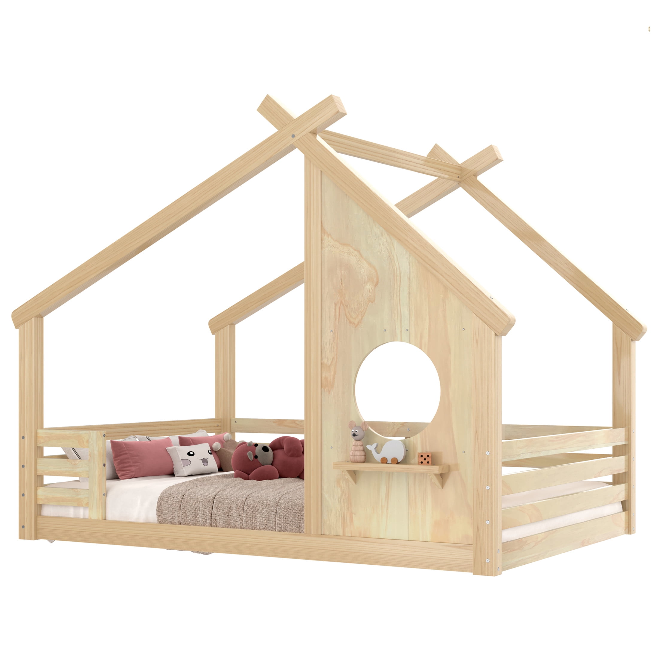 Noble House Full House Floor Bed with Small Shelf, Montessori Kids Bed Frame, Natural