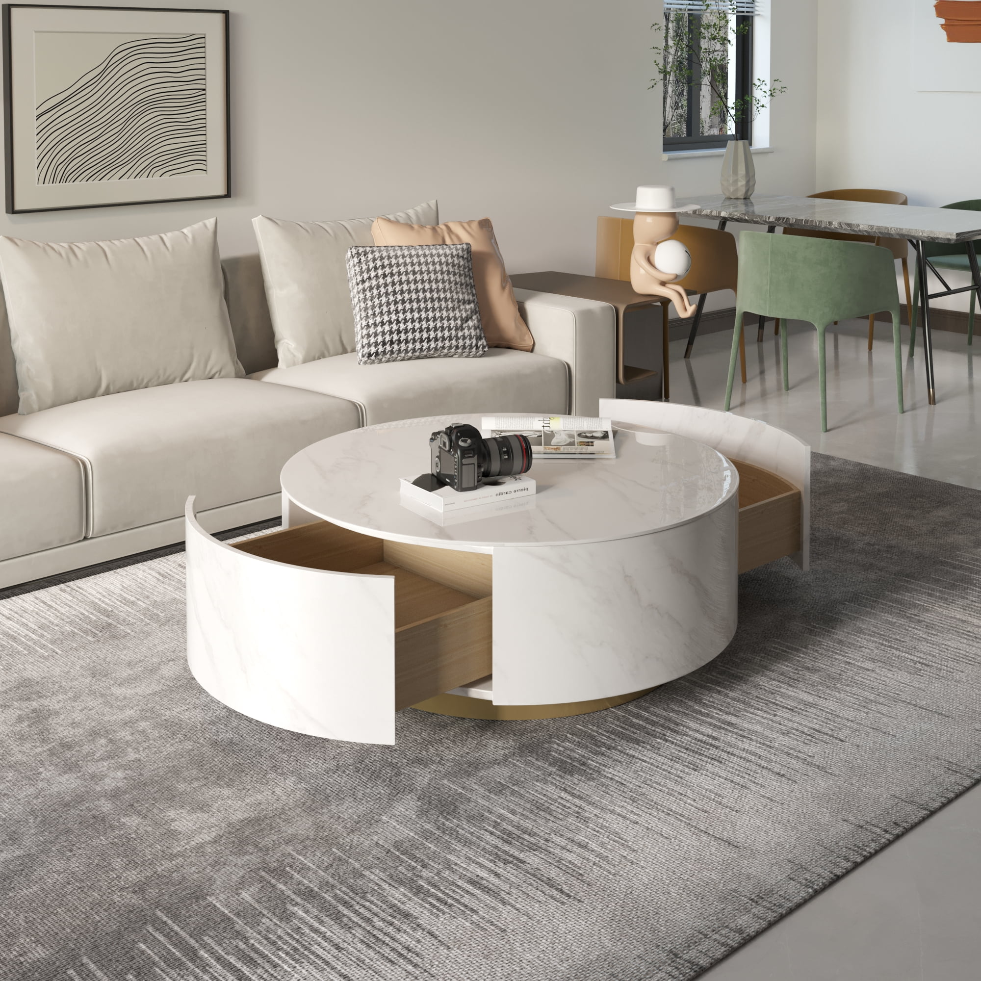Magic Home Modern Round Coffee Table with Two Drawers,Circle Coffee Table Space-Saving Multiple Purpose for Living Room,dining room and home office,White