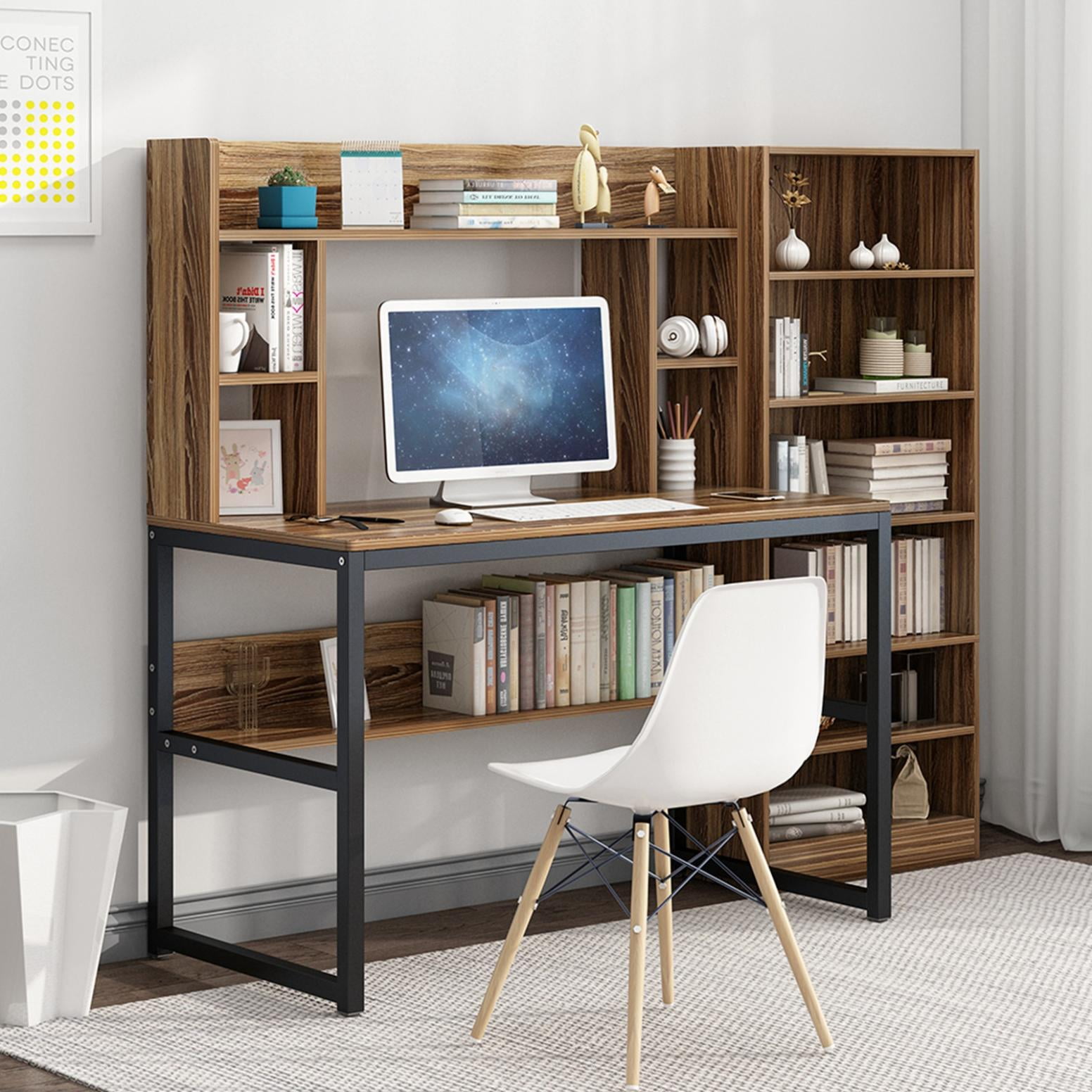 47 Inch Mular Computer Desk with Hutch and Bookshelf Space Saving Home Office Desk for Small Spaces Brown