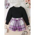 thumbnail image 4 of Pudcoco Kids Girl Fall Outfits Solid Color Square Neck Long Sleeve Tops Buttons Mini Plaid Skirts 2Pcs Clothes Set, 4 of 8