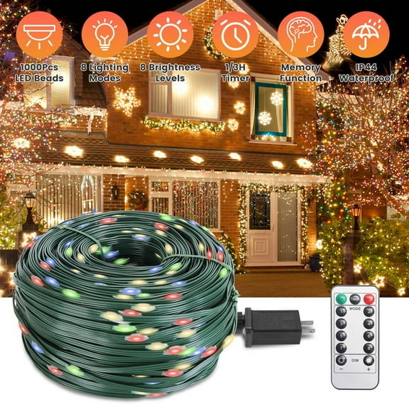 TeqHome 330ft 1000 LED Christmas String Lights 8 Lighting Modes 8 Brightness Timer Remote Control IP44 Waterproof Christmas Lights for Christmas Decor Color