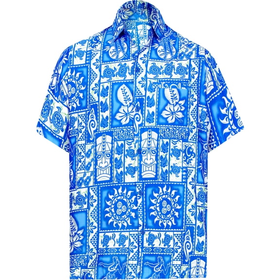 HAPPY BAY Men's Hawaiian Shirts Short Sleeve Button Down Shirt Floral Shirt Men Vacation Tropical Beach Summer Party Shirts for Men Funny 6XL Aztec Print, Blue