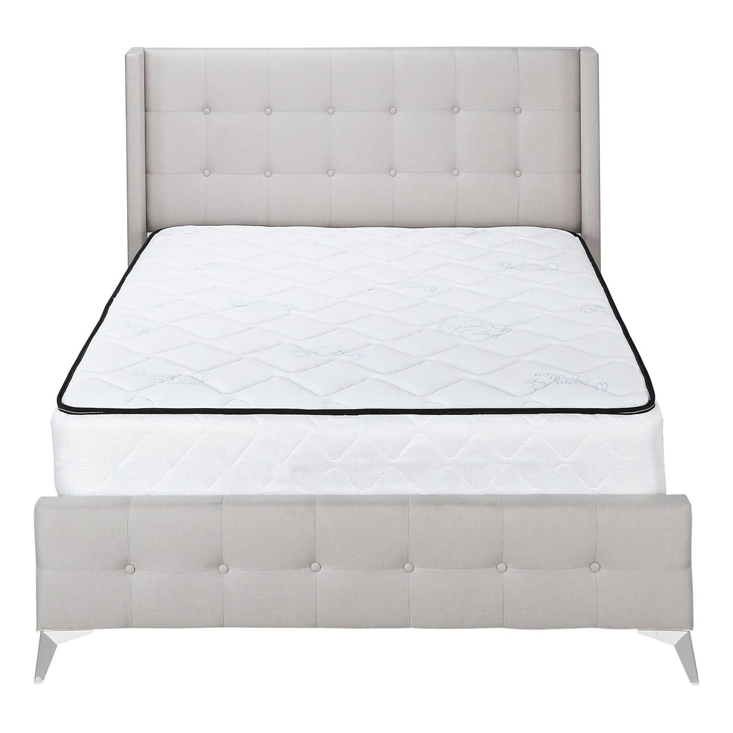 Monarch Specialties Bed, Queen Size, Platform, Bedroom, Frame, Upholstered, Linen Look, Metal Legs, Beige, Chrome, Transitional