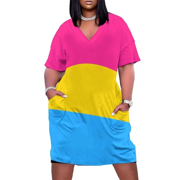 Vestido corto holgado con bolsillos, diseño tricolor, rosa, amarillo y azul. Vestidos playeros atrevidos. Vestido de verano para mujer 2025.