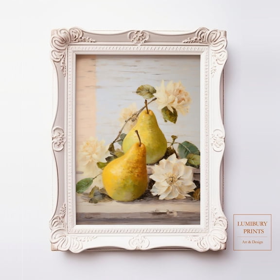 Vintage Pear Decor, Dahlia Wall Art, Rustic Fruit Wall Art, Botanical Kitchen Print, Vintage Fruit Print, Cottagecore Art, UNFRAMED Poster, Wall Art for Decor, Present, 8x12