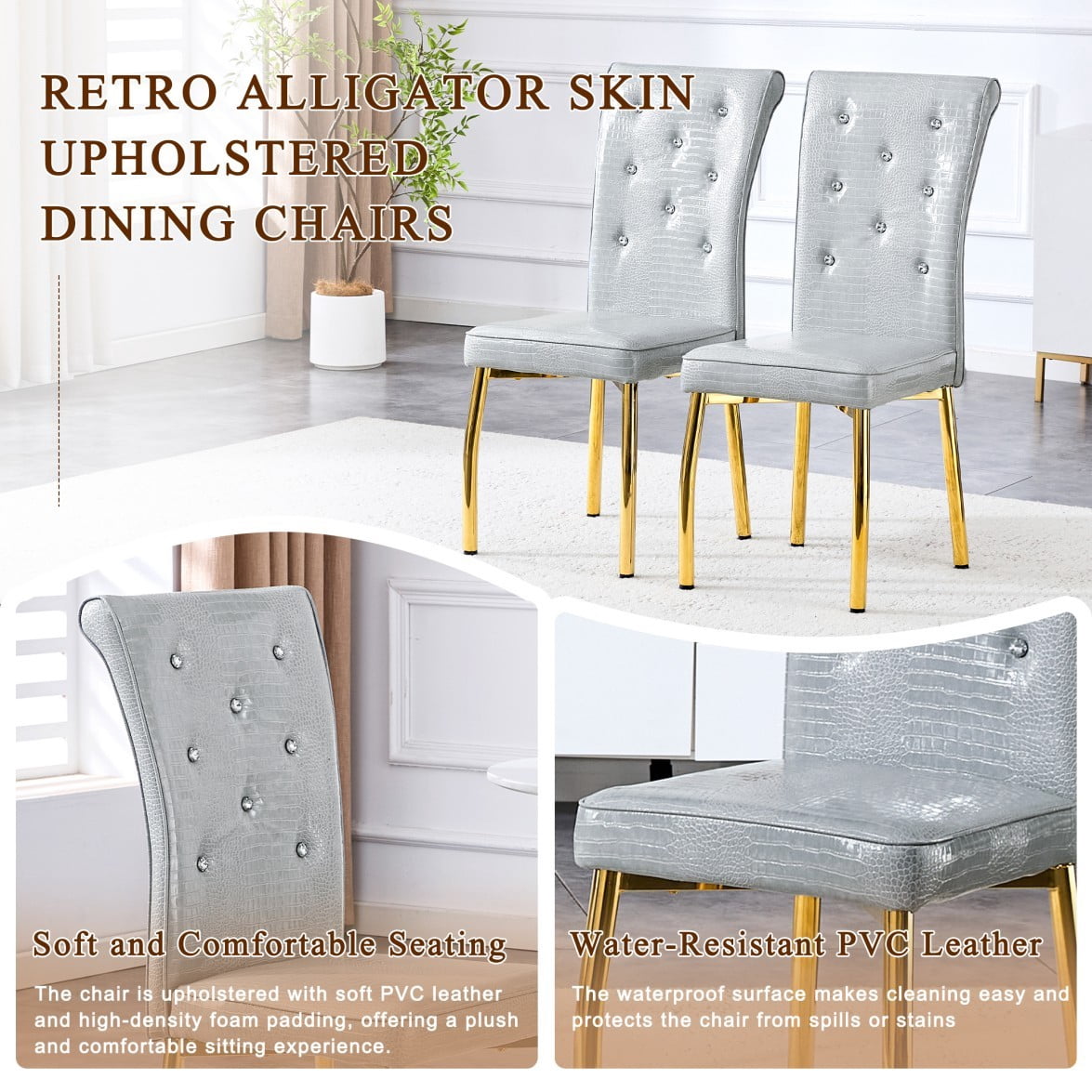 Set of 4 Vintage Dining Chairs, Gray Faux Alligator-Textured PVC Leather Upholstered Chairs with Crystal Button Details & Gold Metal Legs, 400 LBS, Gray & Gold