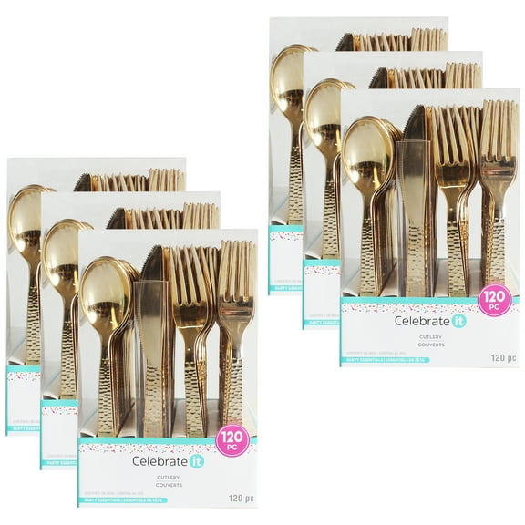 6 Packs: 120 ct. (720 total) Gold Hammered Plastic Cutlery Set by Celebrate It™