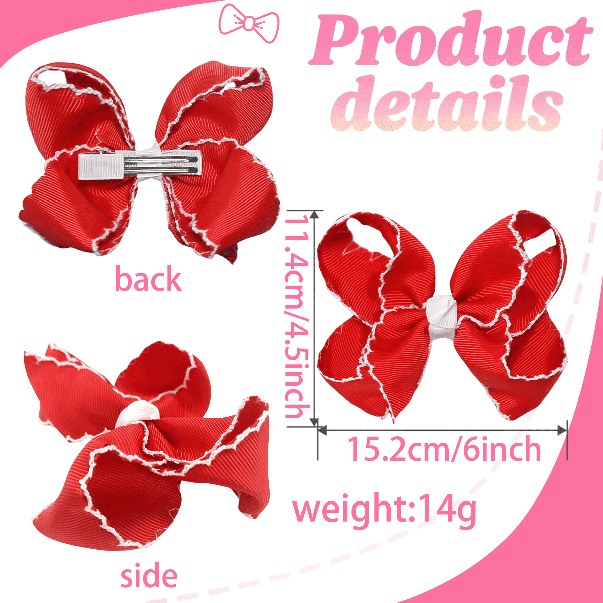 JoyBowie 12pcs 6 Inch Red Ruffled Hair Bows for Girls Toddlers, Satin Ribbon Hair Clips for Kids Party Daily Hairstyles