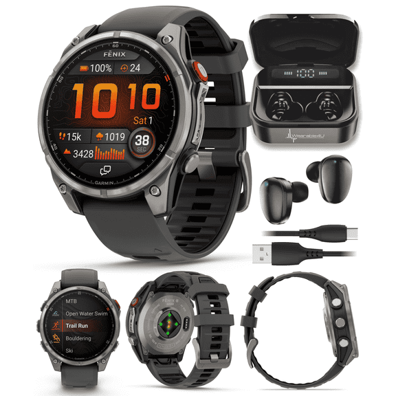 Garmin Fenix 8 Pro - 47mm AMOLED Sapphire Premium Connected Multisport GPS Smartwatch, inReach, Titanium & Graphite/Black Silicone Band w/ Wearable4U Black Earbuds Bundle