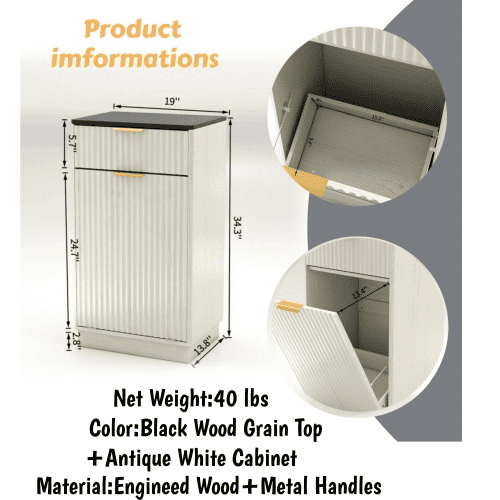 10 Gallon Tilt-Out Trash Can Cabinet, Woodgrain Garbage Recycling Cabinet with Wave-Textured Drawer & Pull-Out Bin, Antique White Kitchen Organizer, Ancient White & Black