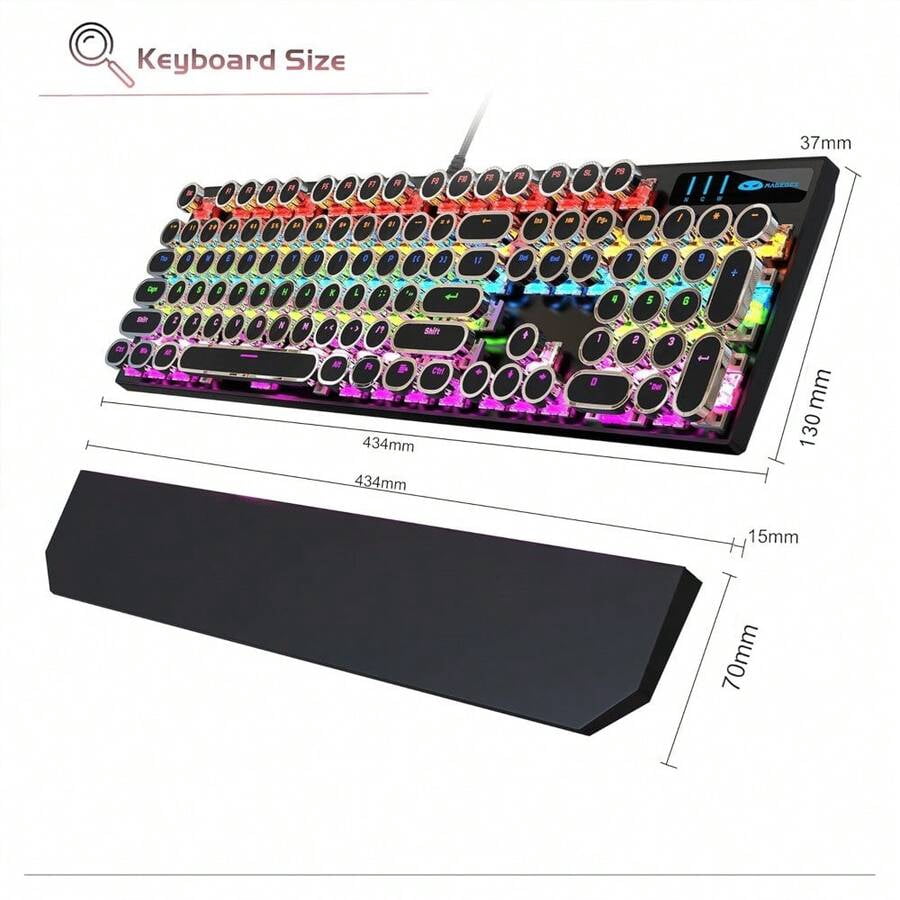 XX Typewriter Mechanical Gaming Keyboard, Retro Black Punk Round Keycaps RGB Rainbow Backlit Wired Keyboards For Laptop PC Gamer, With Magnetic Wrist Rest - Blue Switch